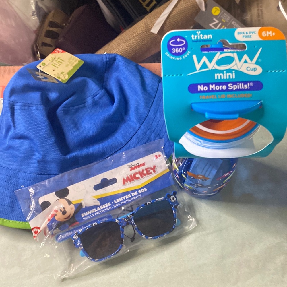 NEW Kids Summer Bundle. Kids Hat, WOW Cup w Cars Trucks & Mickey Sunglasses.